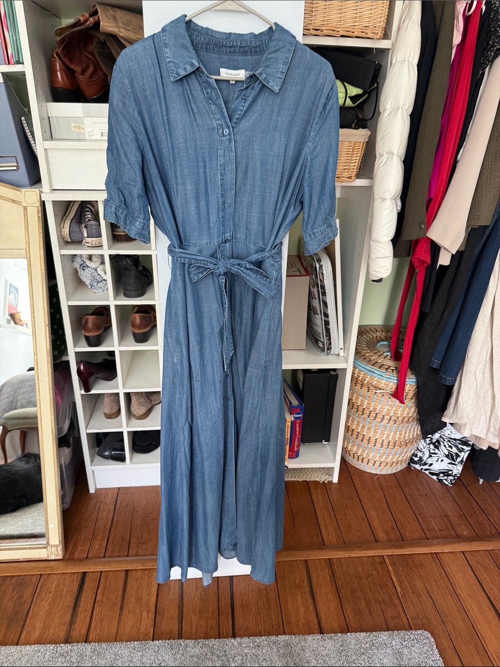 Calvin Klein Chambray Button-Front Maxi Dress with Tie Waist - Blue